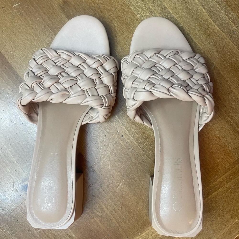 Braided heels open toe low block chunky dressy slide sandals
